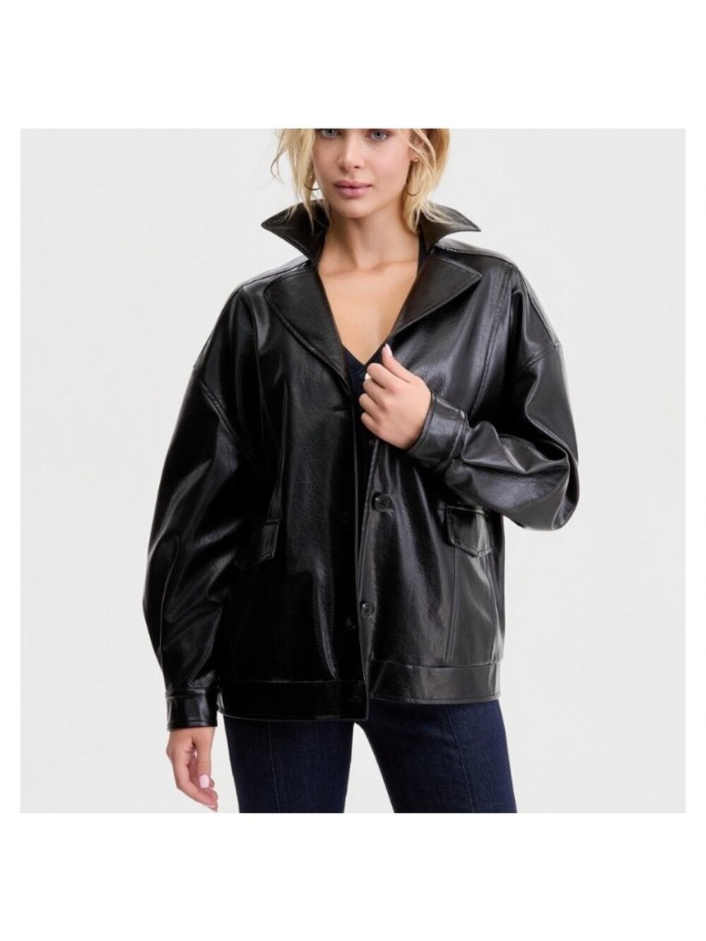Guess Fransiska 80s Loose style Womens Faux Leather Jacket Black Size XLarge